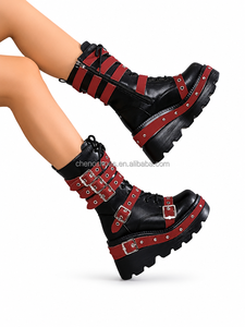<span class=keywords><strong>Bottes</strong></span> gothiques noires à plateforme avec logo personnalisé CHENO pour femmes avec boucle - Product Image 5