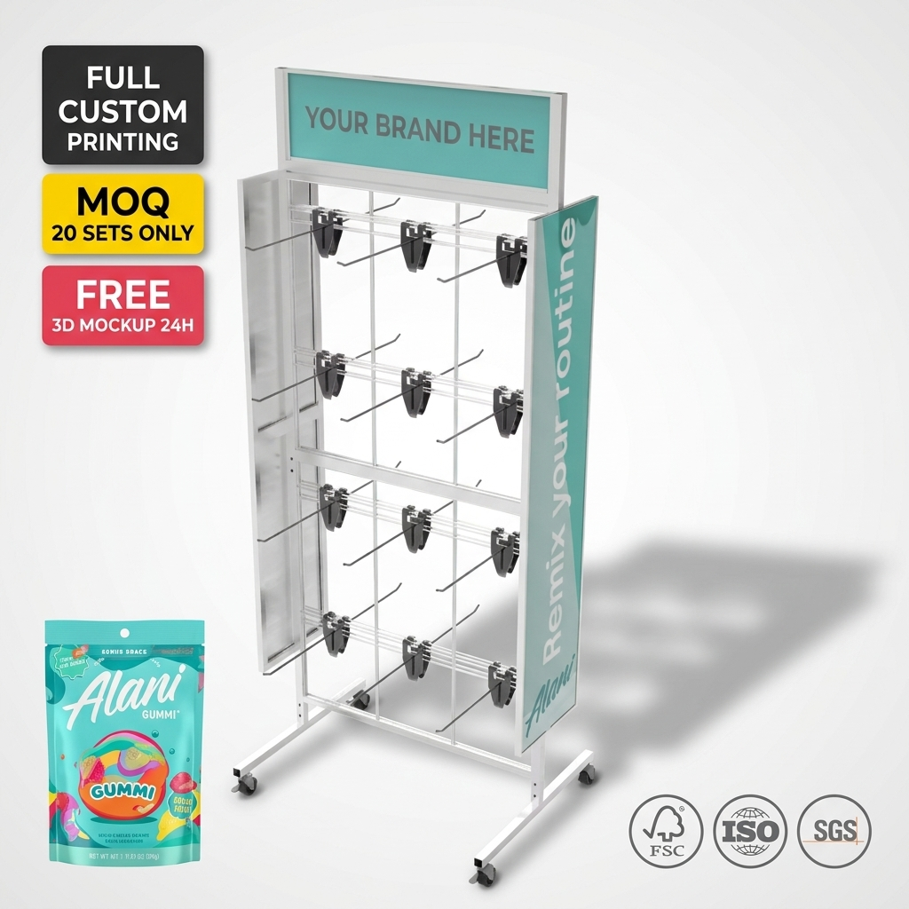Custom Metal Gummy Candy Display Rack Mobile Pegboard Hook Stand for Lollipop Snack Bag Gummy Retail Store Shop POS Rack OEM ODM — view 1
