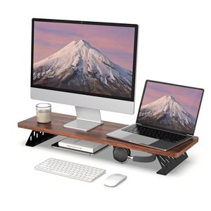 Computer Riser Stand Wooden <b>Desktop</b> Monitor Base Bracket For Office Workstation Brown Single Layer <b>Shelf</b> - Product Image 2