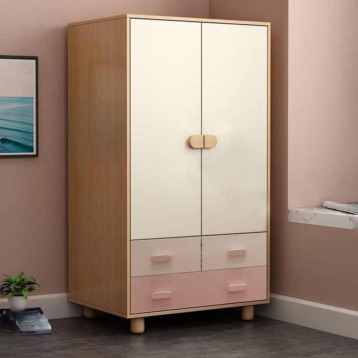 Modern Designed Manufactured Wood Kids Wardrobe Durable with 3 Drawers 3 Shelves 2 Doors Removable Clothing Rod for Bedroom Use