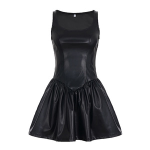 Vestido Midi Estilo Punk, Entallado, Cintura Natural, Tejido en Cuero PU, Corte en A, para Mujer - Product Image 6