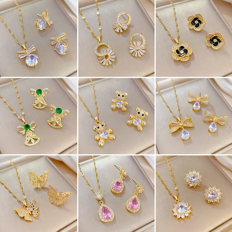 Anting dan set kalung mewah set perhiasan fashion wanita semanggi zirkonia baja tahan karat berlapis emas 18k kalung set