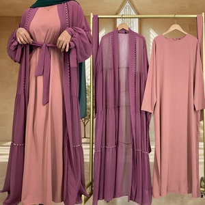On Sale 2PCS Abaya Set High Quality Chiffon Open Abaya With Nida Simple Dress Elegant Women Muslim <b>Islamic</b> Dubai Set 1964+6597# - Product Image 3