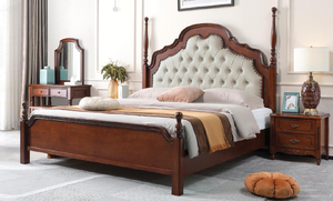 Traditional Queen Size Upholstered Bed Frame with Faux Leather Headboard and Mahogany Wood Frame - Product Image 3