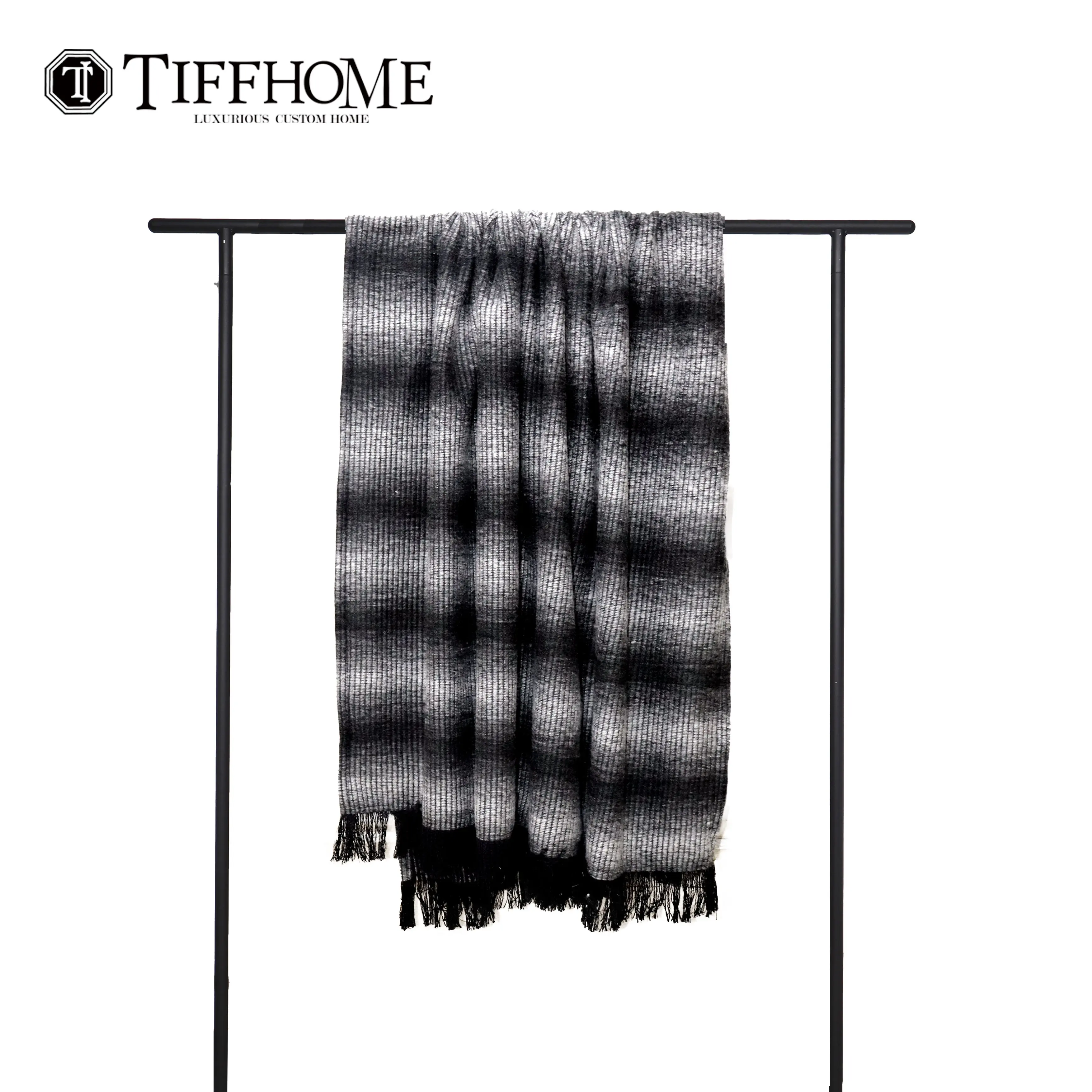 Tiff Home Wholesale High Quality 240*140cm Cotton Linen Black Tassels Throw Blanket For Bed End Sofa