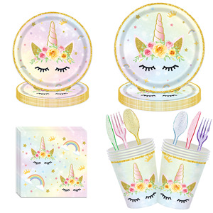 Ensemble d'assiettes en papier irisées licorne 60-80 pièces, vaisselle pour fête d'anniversaire, gobelets arc-en-ciel, serviettes, couverts, décorations - Product Image 2