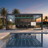 Pergola bioclimatique en aluminium toutes saisons avec toit à lames motorisées, éclairage LED intelligent, pavillon de bureau pour réunions au bord de la piscine