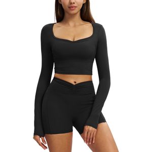 Womens Workout Set <b>Long</b> Sleeve Crop Top <b>Matching</b> High Waist Biker Shorts Quick Dry Yoga Gym Clothes - Product Image 1