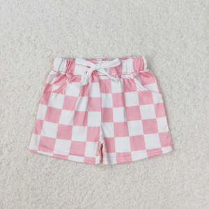 Pantaloncini estivi Casual per bambini pantaloncini traspiranti con stampa a scacchiera rosa bianca per ragazze di età 1-14 anni a metà vita in tessuto a maglia caldo - Product Image 2