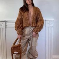 Kundenspezifischer Pullover aus 100% Wolle für Damen, Handgefertigt, Gehäkelt, Laternenärmel, Grob Gestrickt, Kurzes Oberteil, Gehäkelte Strickjacke