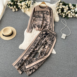LE4212 Completo Stampato in Maglia Atmosfera Autunno e Inverno Nuovo da <span class=keywords><strong>Donna</strong></span> con Maglione Girocollo e Pantaloni a Gamba Larga Due Pezzi - Product Image 4