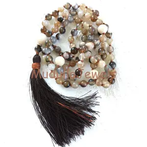 MN21254 Natural Gemstone Botswana Agate Riverstone Hand Knotted 108 Mala Beads Tassel Necklace Healing Prayer Yoga Jewelry