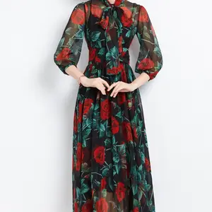 2024 Women Casual Holiday Dress Elegant Floral Print Chiffon Velvet Prom Maxi Dress