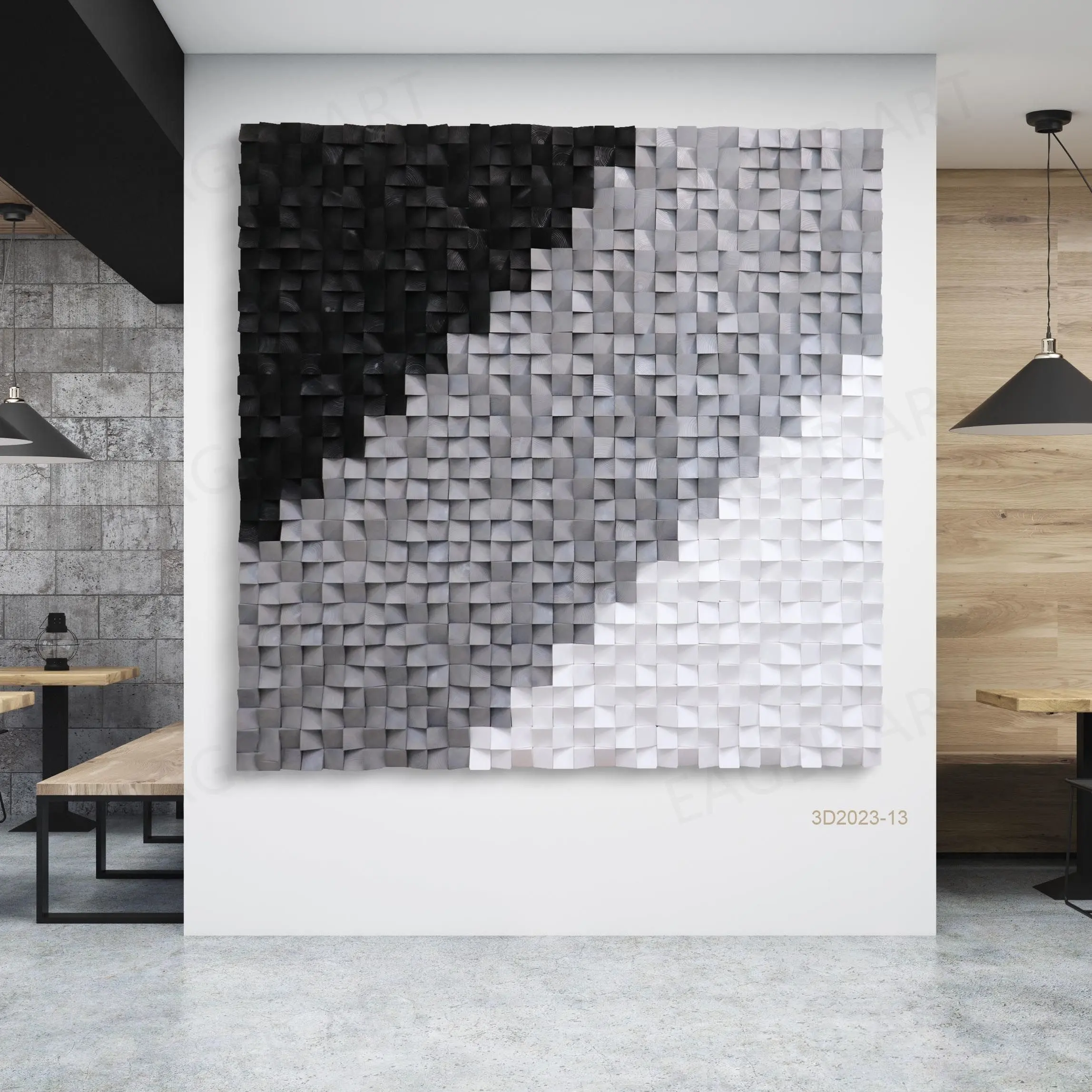 Art mural Décoration d'intérieur Noir Blanc et Gris Oeuvre en bois colorée à la main pour la décoration dans le bureau et la maison Sculptures en bois 3D de luxe