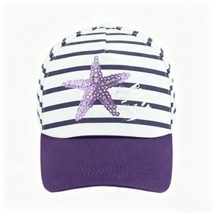 Nautical Stripe <b>Baseball</b> <b>Cap</b> with Sequin Starfish Holiday Beach Sun Hat for Girls - Product Image 4
