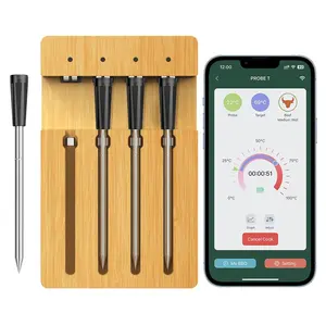 Hot Bijgewerkte Bbq Bluetooth Draadloze 4 Sondes Bamboe Station Vlees Thermometer Voor Grill Bbq Oven Koken