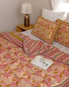 Pink Mustard Floral Cotton Quilt Sage <b>Green</b> Border Reversible Handmade Indian <b>Bedspread</b> Boho Botanical Bedding - Product Image 1