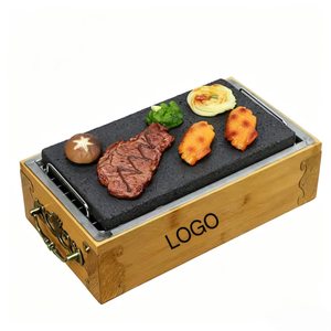 Plaque <span class=keywords><strong>de</strong></span> cuisson en <span class=keywords><strong>pierre</strong></span> <span class=keywords><strong>de</strong></span> <span class=keywords><strong>lave</strong></span> volcanique pour steak, avec plateau en acier inoxydable et bambou – Offre Spéciale - Product Image 1
