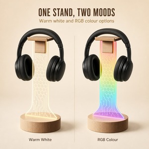 Support de casque de jeu personnalisé Bodyfree avec logo, panneau lumineux en acrylique, base en bois de 10 cm, support de bureau RGB, fabricant en gros - Product Image 1