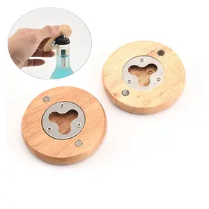 Di legno di Forma Rotonda Parete Apribottiglie Coaster Magnete Del Frigorifero Della Decorazione Della Bottiglia di Birra Opener