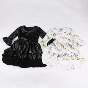 Robe tendance pour tout-petits, style mixte, en similicuir et à manches longues, imprimé floral, avec ourlet à volants, pour bébés filles - Product Image 5