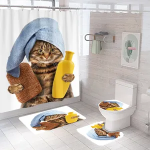 2023 nuevos juegos de cortinas de ducha de baño con estampado de mascotas de gato chico de poliéster impermeable barato con cortina de ducha y alfombras