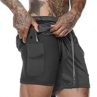 Pantalones cortos deportivos de poliéster para hombre, shorts de compresión con logotipo personalizado 2 en 1, de talla grande, para gimnasio, con bolsillo para teléfono