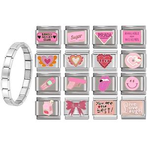 Bracelet modulaire en acier inoxydable italien, série rose, ensemble de breloques en forme de cœur, de lèvres et de nœud papillon, bijoux unisexes, cadeau - Product Image 1