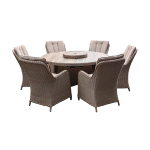 Set da pranzo rotondo in Rattan moderno di lusso a 6 posti completo mobili da giardino da esterno con tavolo in vetro ceramico e <span class=keywords><strong>Lazy</strong></span> <span class=keywords><strong>Susan</strong></span> Deluxe - Product Image 1