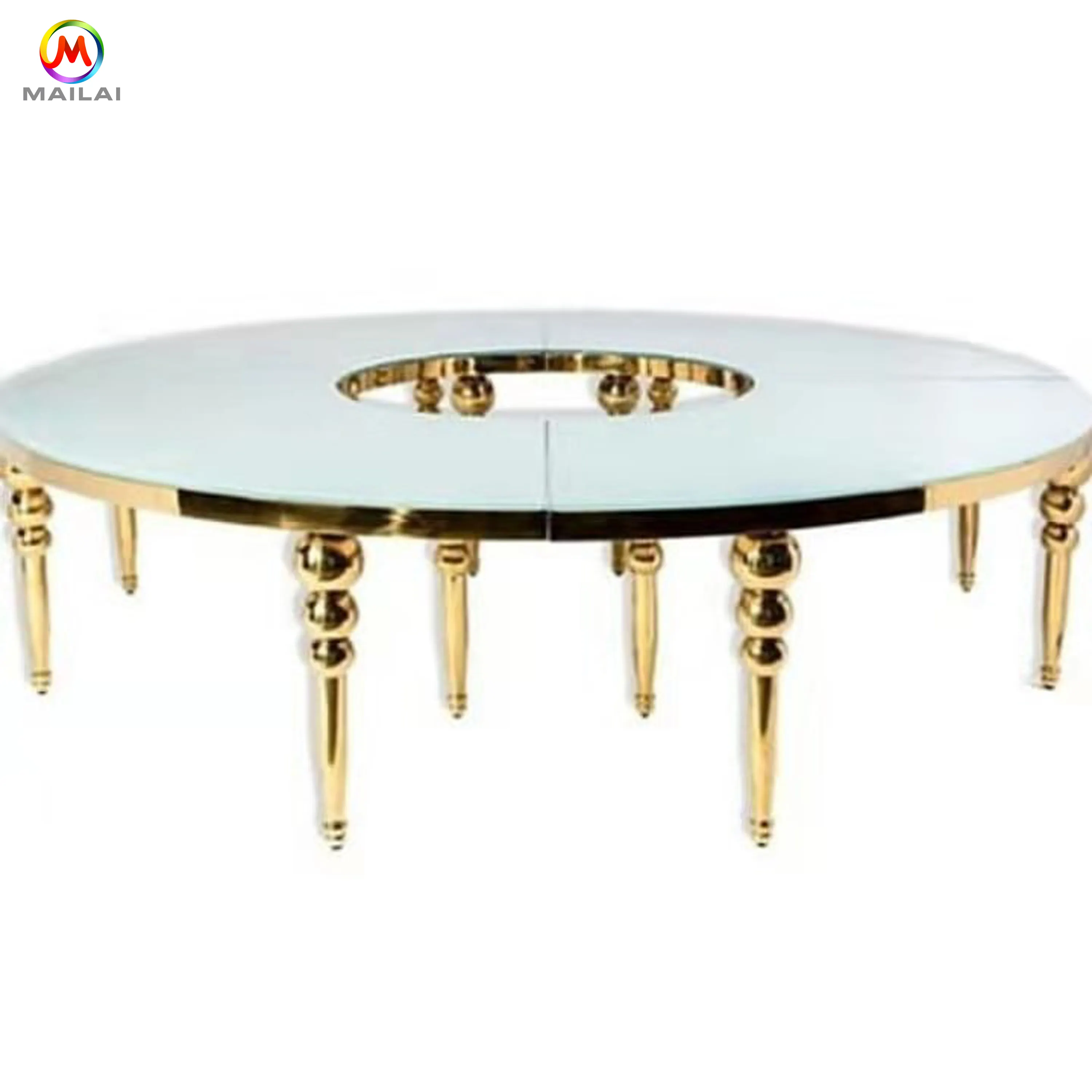 Luxury wedding dining table glass top golden stainless steel dining table for wedding