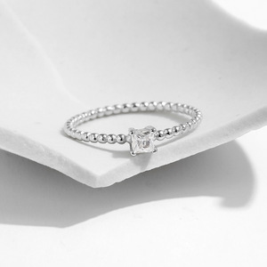 S925 <b>Silver</b> Princess Cut Diamond <b>Ring</b> with Tiny <b>Emerald</b> Cut CZ Bezel Setting Minimalist Engagement Band Women's Jewelry - Product Image 3