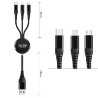 Kabel Pengisi Daya Cepat 1,2 Meter 3 in 1 3A Micro USB Nylon Braided untuk Ponsel, Pengisian Cepat, Fleksibel, Anti Kusut