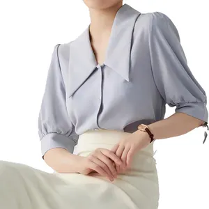 Camicette da ufficio in raso con bottone e maniche a sbuffo da donna alla moda coreana