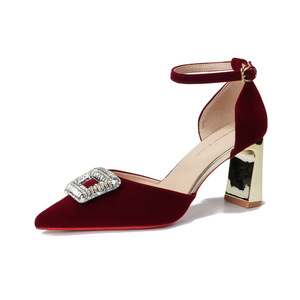 Escarpins de mariée à bout pointu, bride cheville, talon carré, en velours, chaussures de mariage confortables - Product Image 5