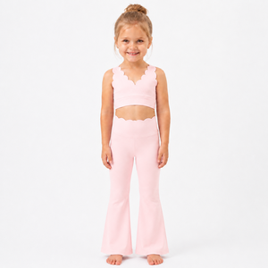 Soft Nylon Spandex Girls Scalloped Active Set <strong>Purple</strong> Scallop Edge <strong>Crop</strong> <strong>Top</strong> &amp; High Waist Flare Pants Kids Yoga Outfit - Product Image 3