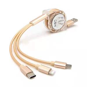 Multi Functional <b>3</b> In 1 Nylon Charging <b>Cable</b> Data <b>Cable</b> Retractable With <b>USB</b> Type C Micro <b>Usb</b> And Lightning Connectors - Product Image 1