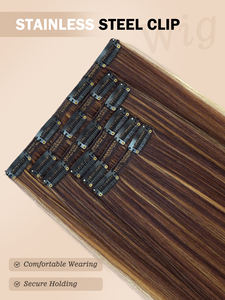 สีน้ำตาลเข้มไฮไลท์สีทอง ผมตรงยาวแบบไหมสังเคราะห์ ต่อผมแบบคลิป 6 ชิ้น ชุดเส้นใยสังเคราะห์ ยาว 26 นิ้ว - Product Image 6