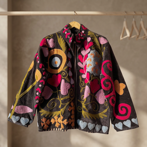 Indian Handmade <b>Black</b> <b>Velvet</b> Suzani Embroidered Jacket, Boho Colorful Floral Short Winter Coat Wholesale - Product Image 1