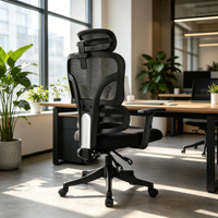 Chaise de bureau ergonomique en plastique noir à dossier haut avec appui-tête réglable et accoudoirs réglables en hauteur pour le bureau à domicile