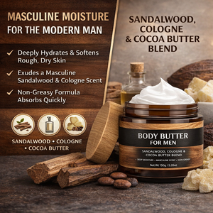 Beurre corporel pour homme en marque propre |   Crème pour le corps au beurre de cacao |   Parfum Cologne, Formule Hydratante Intense - Product Image 4