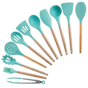 12-Piece Set of Silicone Kitchen Utensils with Wooden Handles Essential Cooking Tools for Food Preparation