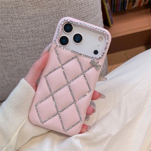 Funda Rígida de PC con Rejilla 3D y Diamantes Brillantes de Cuero PU para iPhone Air 16 15 14 13 17 Pro Max, Cubierta con Lazo de Diamantes de Imitación - Product Image 5