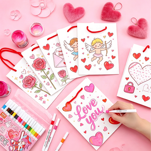 Sacs cadeaux en papier à colorier DIY pour la Saint-Valentin avec poignées rouges, sacs fourre-tout vierges à motifs de ligne art graphique <span class=keywords><strong>Cupidon</strong></span> Rose Cœur, vente en gros OEM - Product Image 1