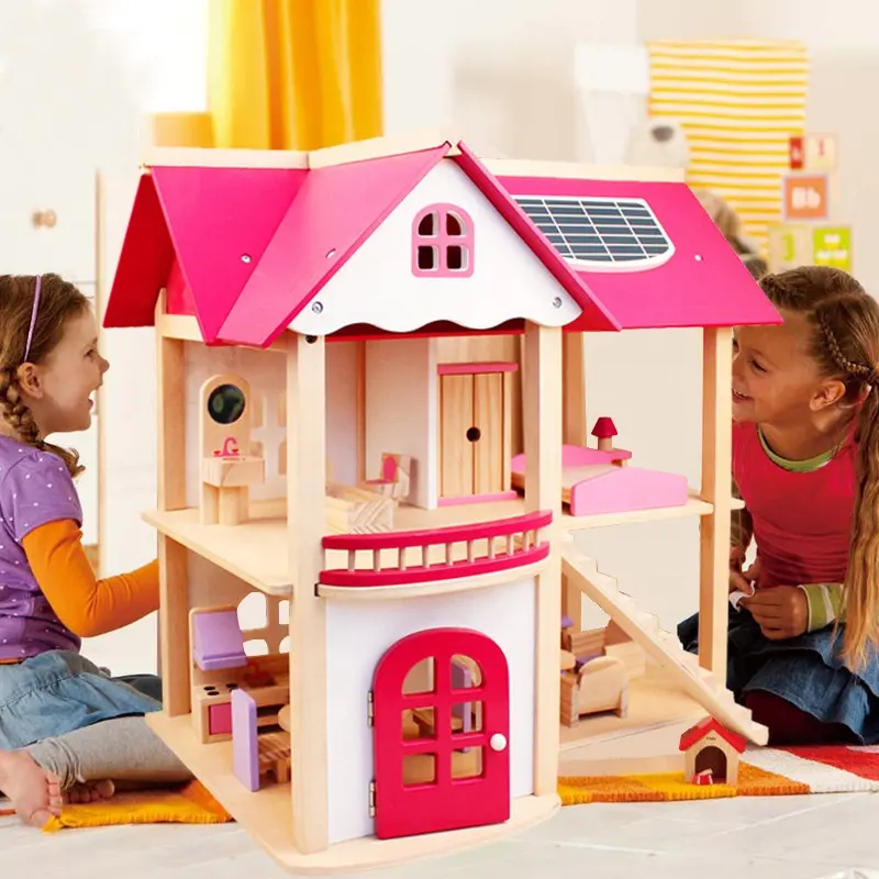 Berpura-pura Mainan Anak Boneka Kayu Villa dengan Boneka Perabot Kamar Rumah Boneka