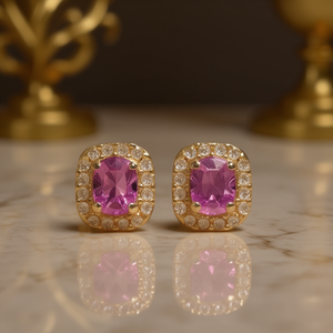 Pendientes de Morganita con Corte Brillante Redondo en Oro Sólido de 18K, Engaste de Bisel, Joyería Clásica Geométrica para Mujer, Ideal para Bodas - Product Image 2