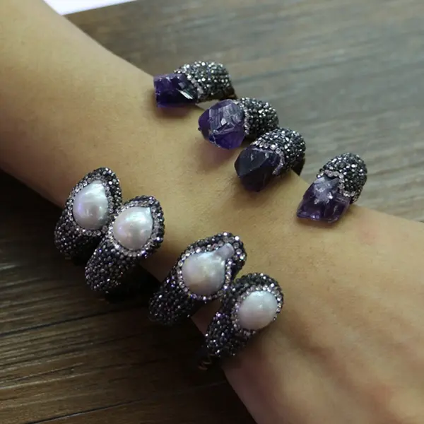 Bracelet en cuir double pierre enveloppée, bracelet à la mode en améthyste et en perles, vente en gros, LS-D3500