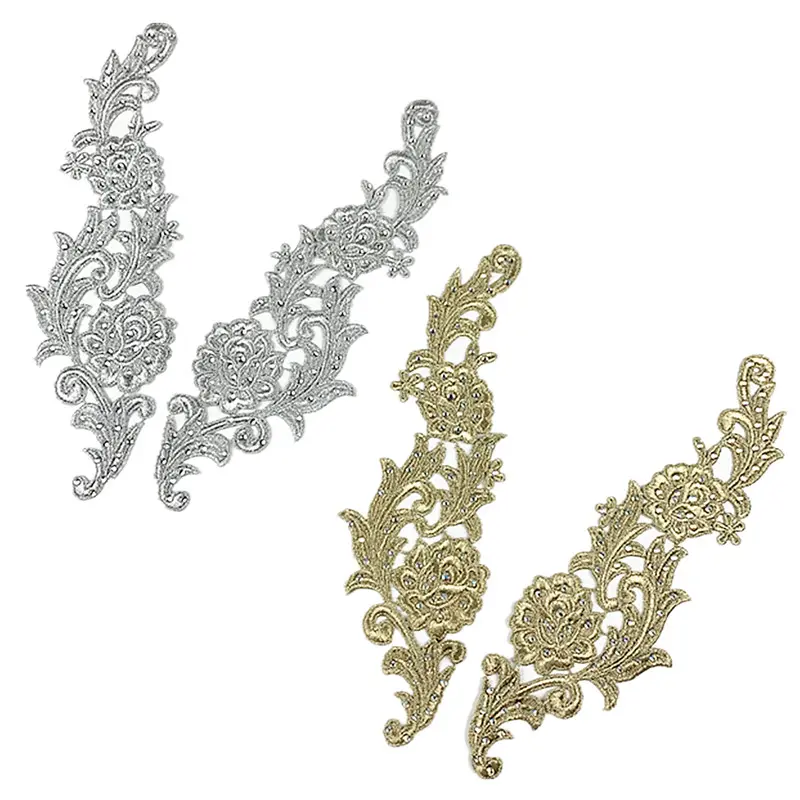 Luxus 100 % Polyester Gold Silber Stickerei Spitzenapplikationen mit Strass-Spiegel nachhaltiges Paar Spitze für Kleidungsstück oder Kleid