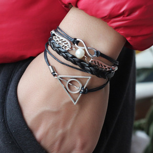 Fashion Charm <b>Bracelet</b> Black Leather <b>Infinity</b> Wings Geometric Design Tibetan Silver Multi-layered Stackable Jewelry - Product Image 3