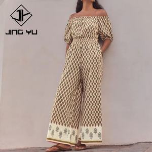 Combinaison à manches courtes à épaules dénudées à imprimé plage sur mesure de haute qualité 100% coton à jambes larges - Product Image 3