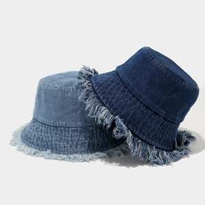 Fashion Trendy Raw Edge Fringe Brim Outdoor Street <strong>Denim</strong> Sun <strong>Hat</strong> Blank Faded Cotton Distressed Bucket <strong>Hat</strong> - Product Image 3